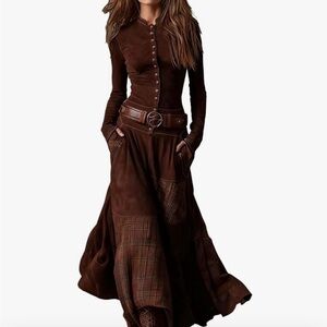 Brown Faux Suede Long Sleeve Maxi Dress with Belt and Plaid Patchwork